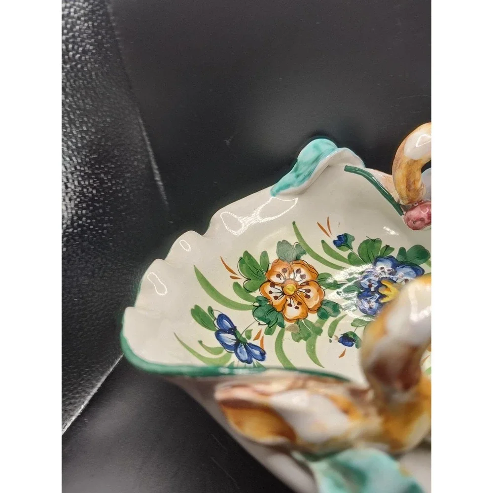 Vintage Italian Pottery Ceramic Basket Hand Painted Floral Flowers 9.5